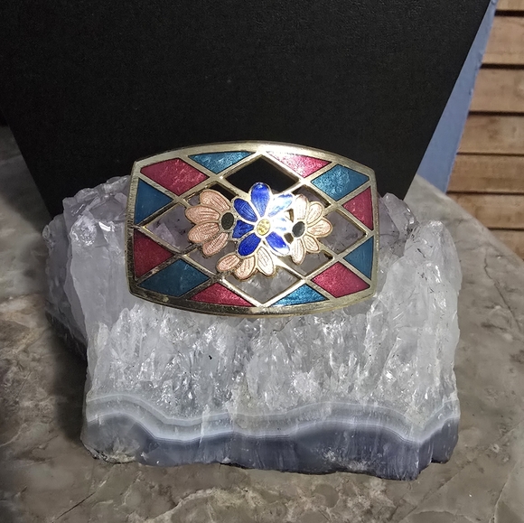 Vintage Cloisonné Floral Checkered Brooch/Scarf Pin - Picture 3 of 5